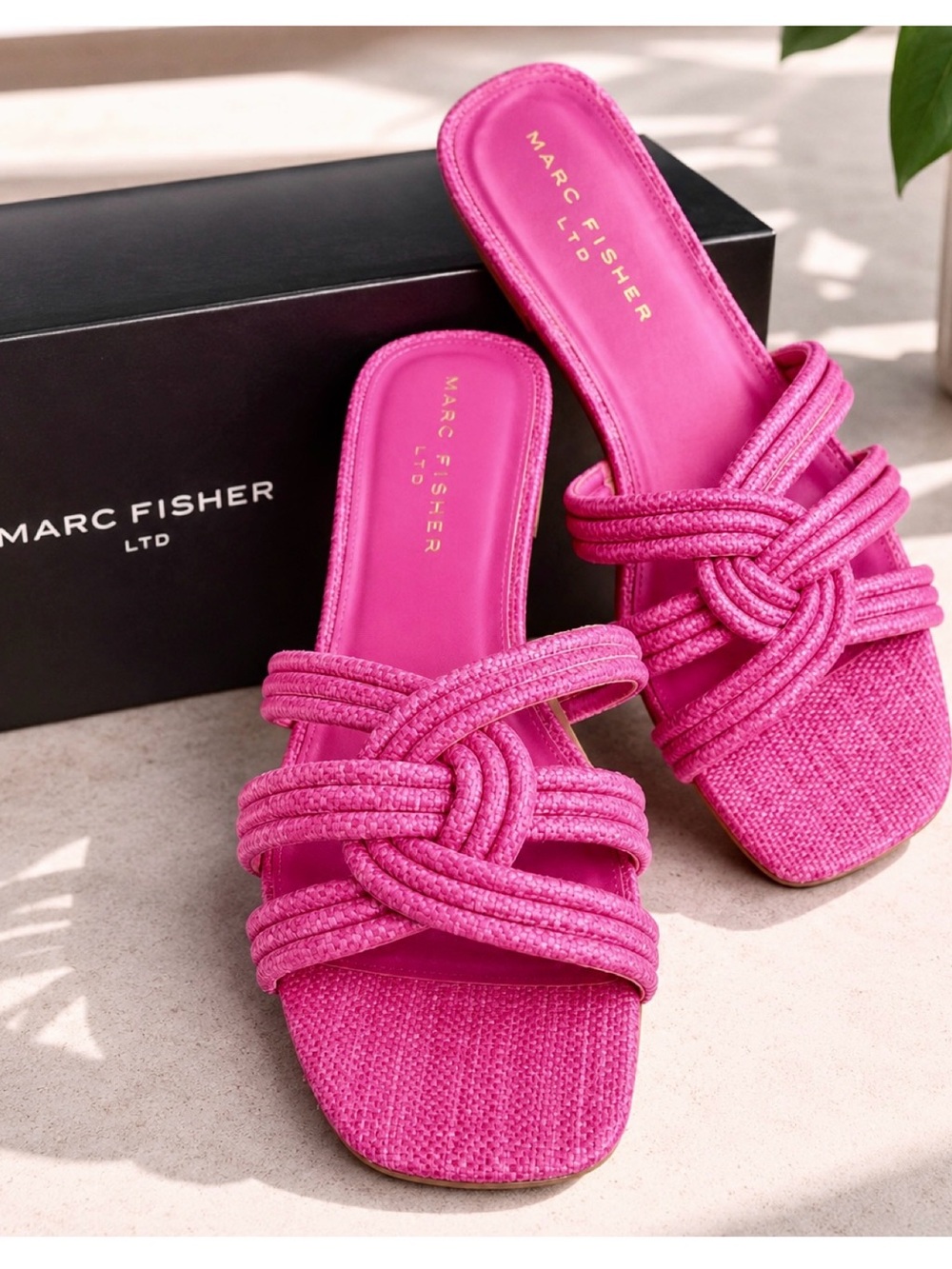 Marc Fisher LTD Pink Knot Slide Sandals Barbiecore Resort Raffia Texture NIB